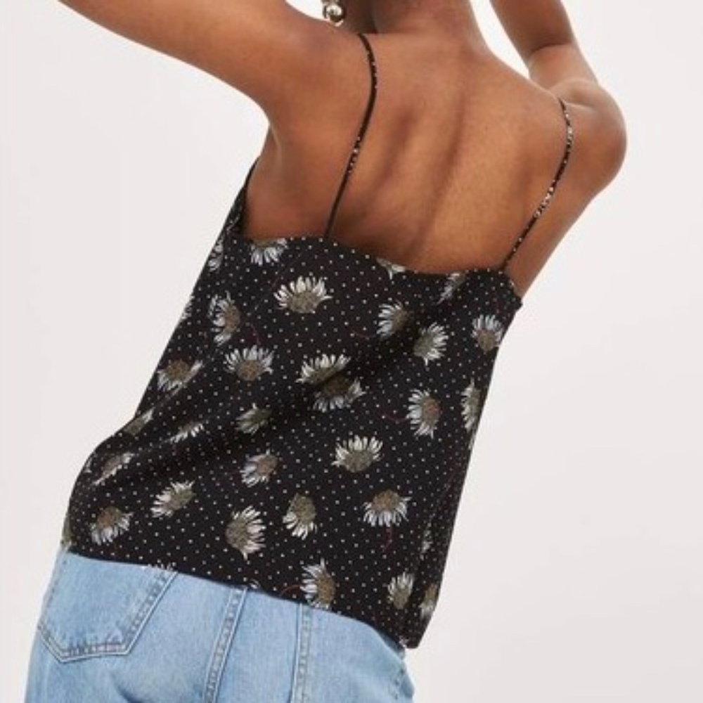 Topshop Black Polka Dot Cami Sz 6 Square Neck Daisy Floral Tank Top Whimsigoth - Picture 2 of 16